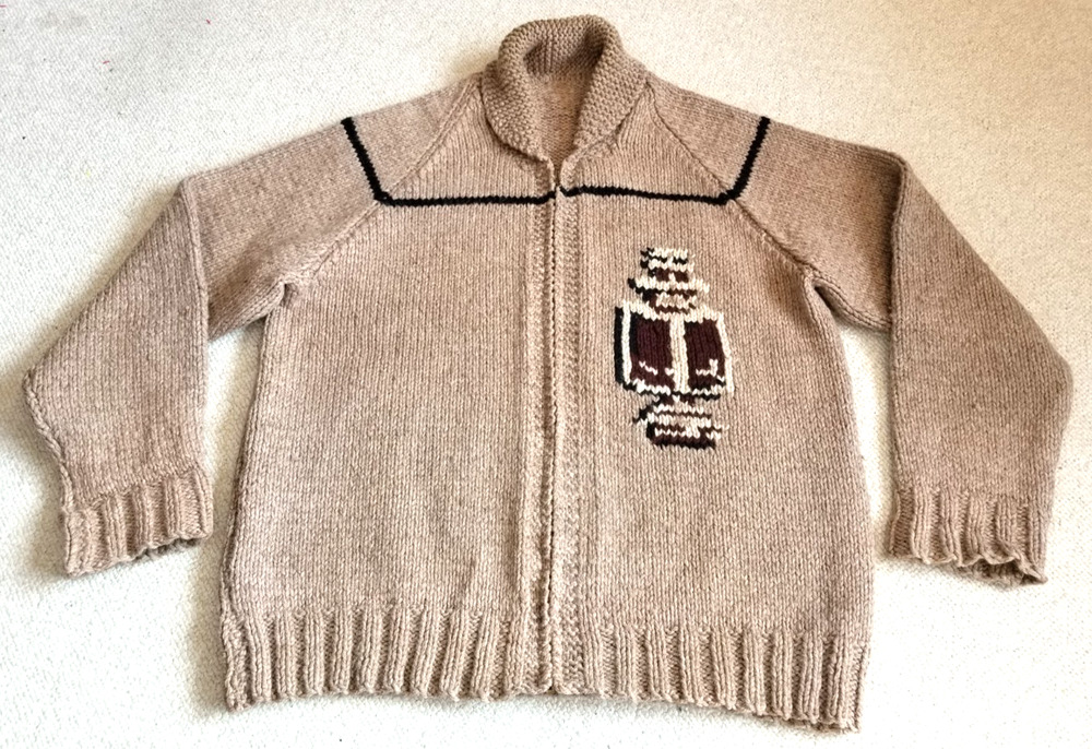VINTAGE Mens Sweater-COWICHAN-HANDKNIT-brown heavy wool Ford Model T cardigan-XL